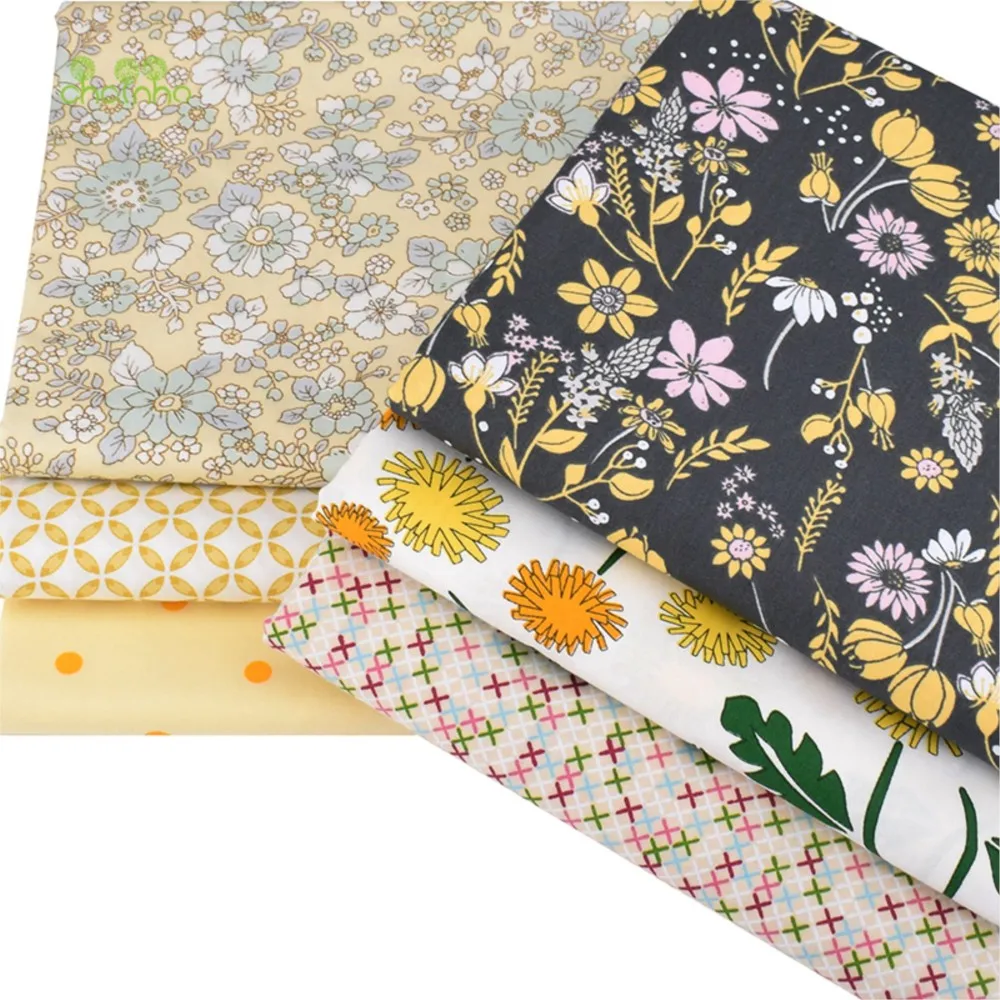 Chainho,Printed Twill Cotton Fabric,Patchwork Cloth,DIY Sewing & Quilting Material,Yellow Floral Series,6 Designs,2 Sizes,CC050