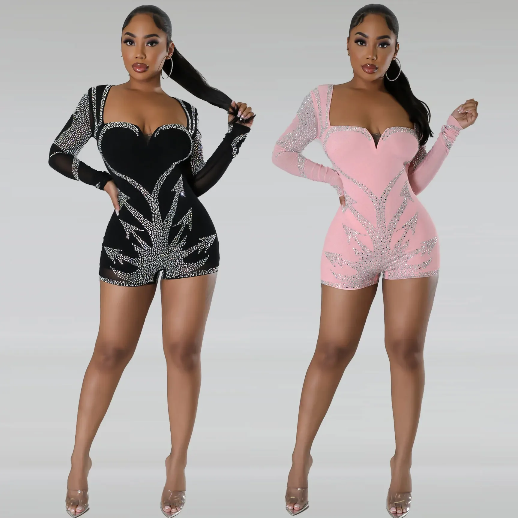 Sexy Rhinestones Bodycon Short Jumpsuits Elegant Rompers 2023 Winter Fall Clothes Women One Piece Pink Bodysuit Playsuits Outfit