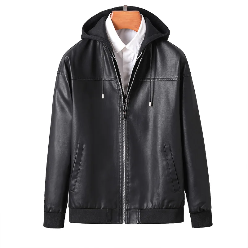 Autumn and Winter Men's Leather Coat Motorcycle Fashion Edition Fake Two Piece Hooded Coat Youth PU Leather Jacket for Men