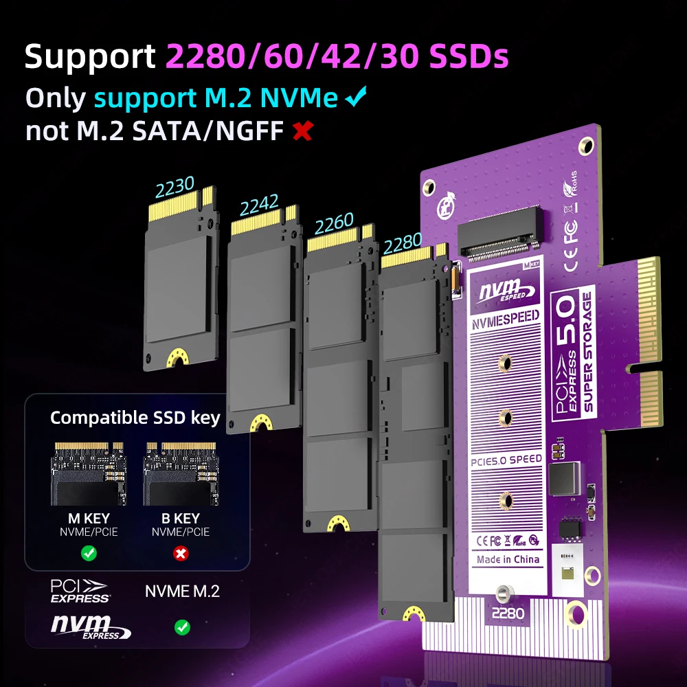 PCIe 5.0 to M.2 NVMe Adapter Card High-Speed PCIe X4/X8/X16 to M2 SSD Converter with Cooling Heatsink for Gen5 SSD 128Gbps