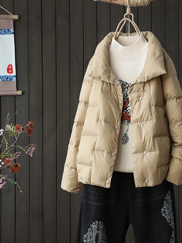 

Winter Coats Women White Duck Down Coat Black Loose Warm Big Pockets Jacket Casual White Jacket Windproof Outwear