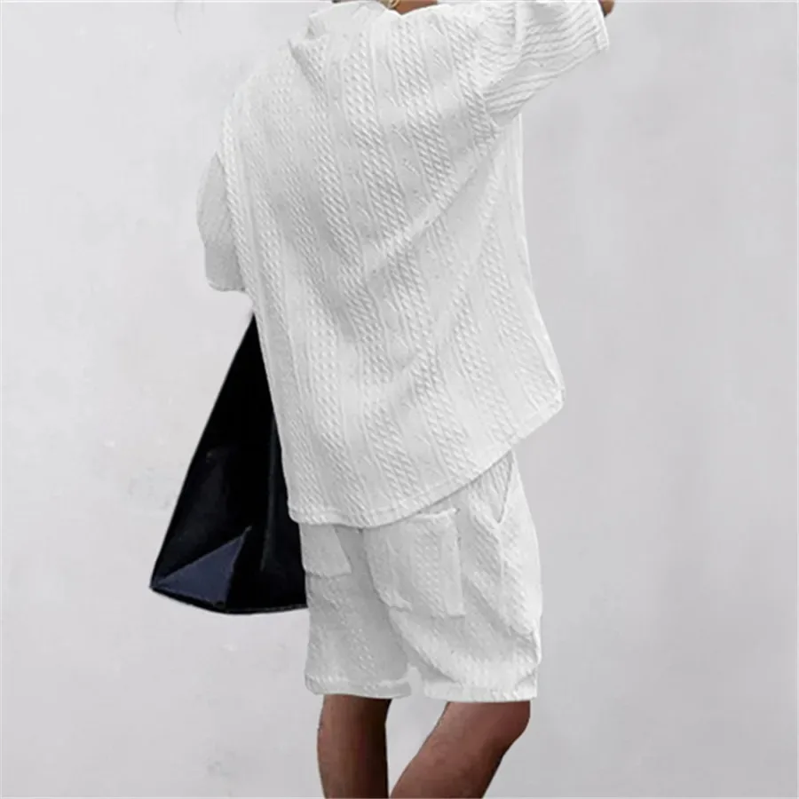 Summer Casual V-Neck Shirt Shorts Male Sets Knitted Two Pieces Men's Clothing Short Sleeve Tshirt Shorts Streetwear Knit Outfits 3