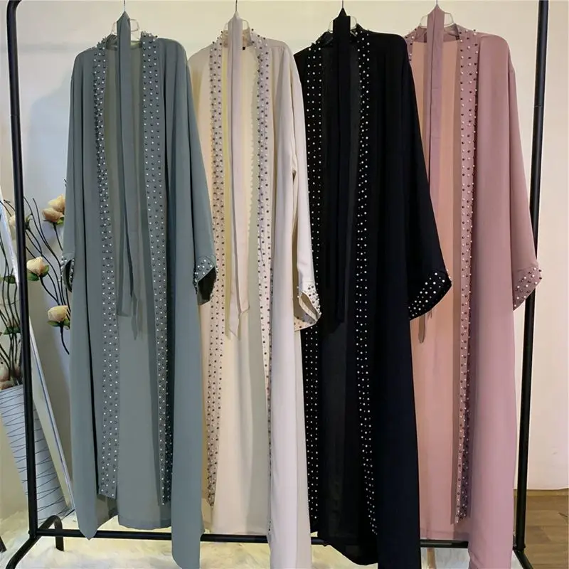 Latest Arab Turkey Middle East Abaya For Women Fashion Elegant Pure Color Muslim Pearl Trim Cardigan Long Sleeves Robe S-XXL