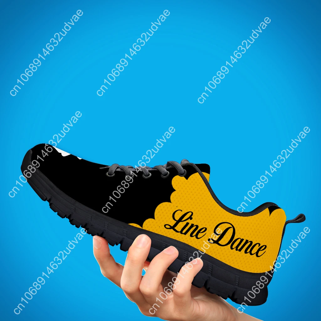 Yellow And Black Color Contrast Design Line Dance Sneakers Comfortable Breathable Shoes Knitted Shoes Zapatos Planos