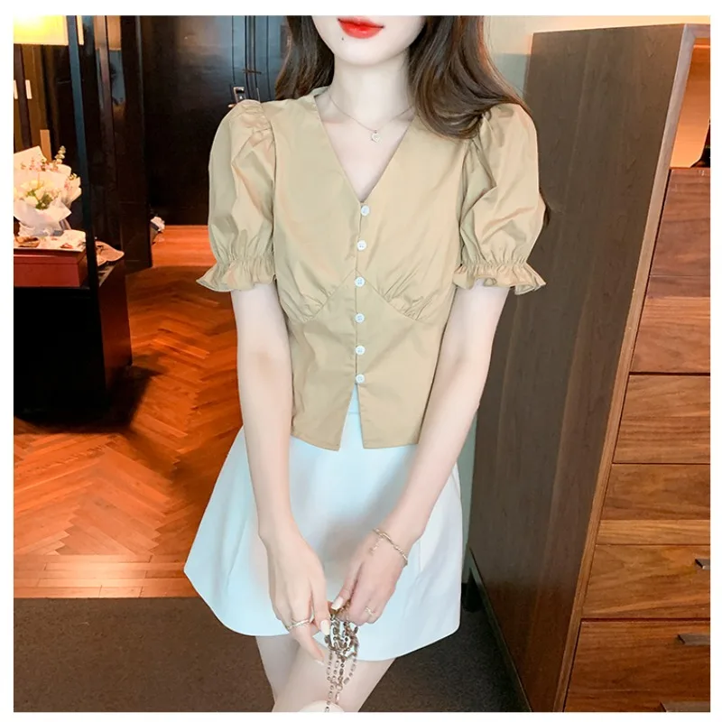 

2024 Simplicity Women's Summer Fashion Elegant New V-neck Solid Button Style Versatile Bubble Sleeves Slim Fit Short Shirt Top