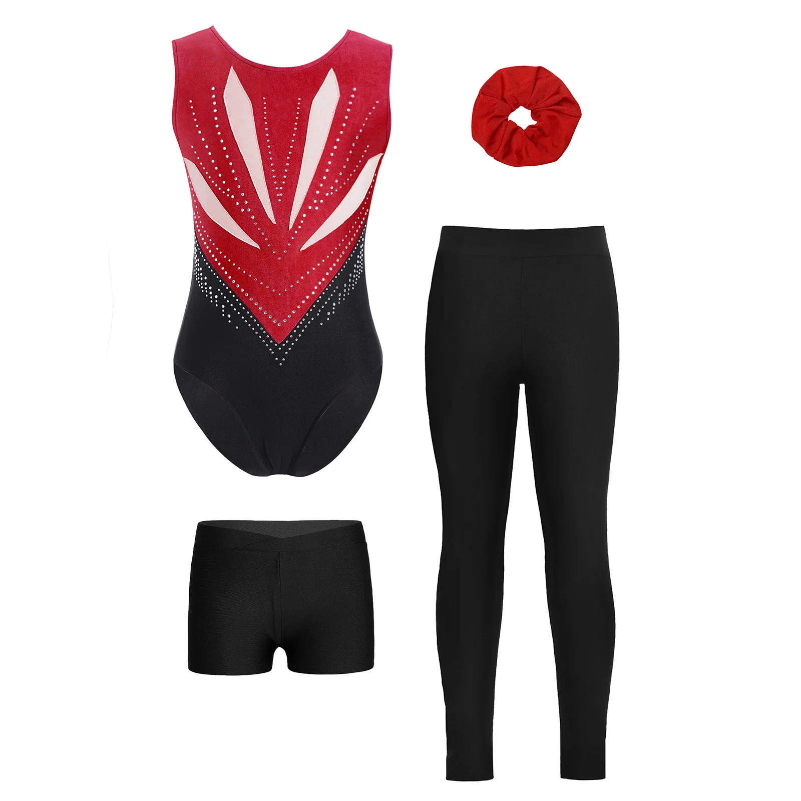 Kinder Mädchen Gymnastik Ballett Tanz Outfit Schleife Ausschnitt hinten glitzernde Strasssteine Trikot mit Shorts Leggings und Haarband – Detail 14
