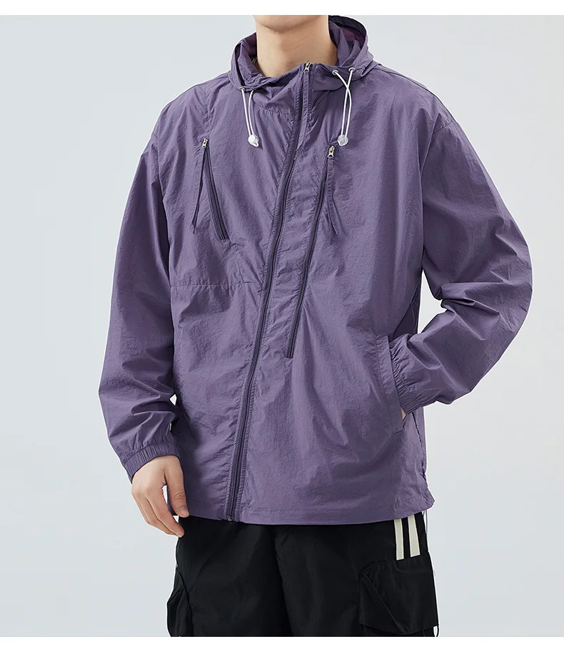 2024 Summer Sunscreen Men Ice Thin Breathable UV Sunscreen Clothing Jacket Zipper Hooded Jacket UPF50+