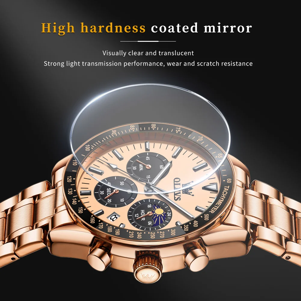 OLEVS Brand 2024 Luxury Rose Gold Quartz Watch Men Stainless Steel Waterproof Luminous Date Moon Phase Chronograph Watches Mens