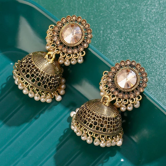 American Diamond Jhumkas - Jhumka for Lehenga - Jhumka for Saree - Saahiba Crystal  Jhumka by Blingvine