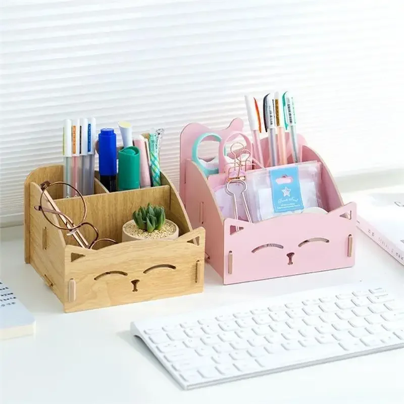 DIY Wooden Assemble Cute Cat Pen Pencil Holder Cosmetic Desk Organizer for Home Office pen holder,stationery organizer