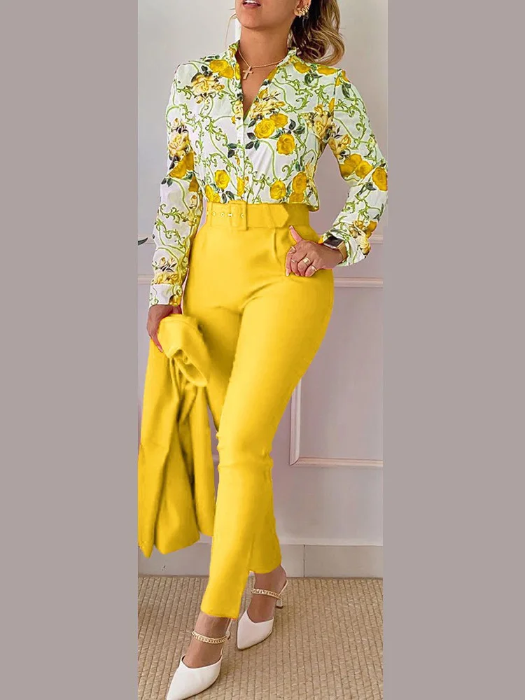 Spring Autumn Fashion Print 2 Piece Sets 2023 Women Casual Button Long Sleeve Shirt Pants Suits Female V-Neck Top Pants Outifits