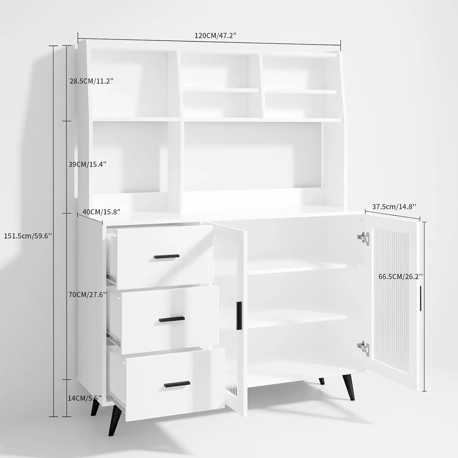 

Kitchen Hutch Storage Cabinet, Freestanding Kitchen Pantry with Glass Doors and 3 Drawers, Modern Sideboard Buffet Cabinet