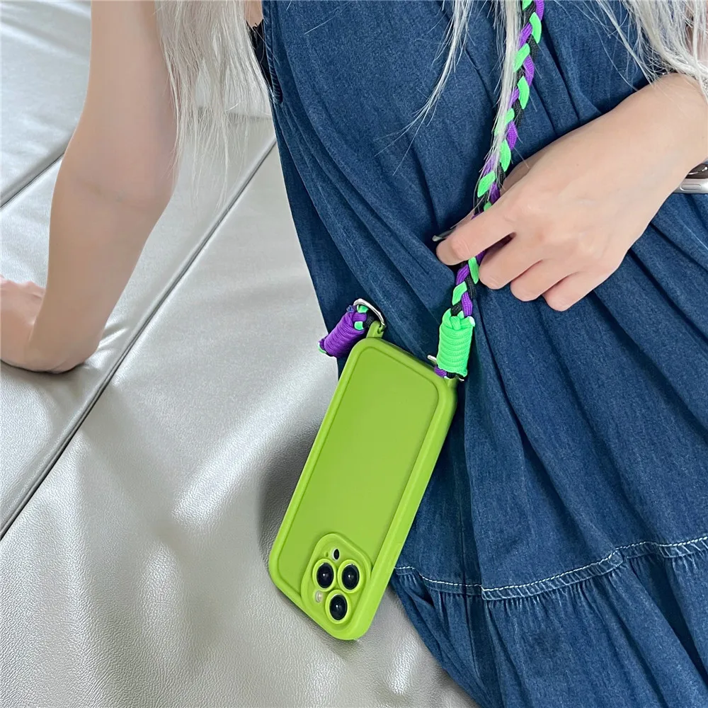 Custodia morbida in silicone liquido opaco con tracolla per collana cordino per iPhone 14 Pro Max 15 13 12 11 XS XR copertura antiurto_voghion.com