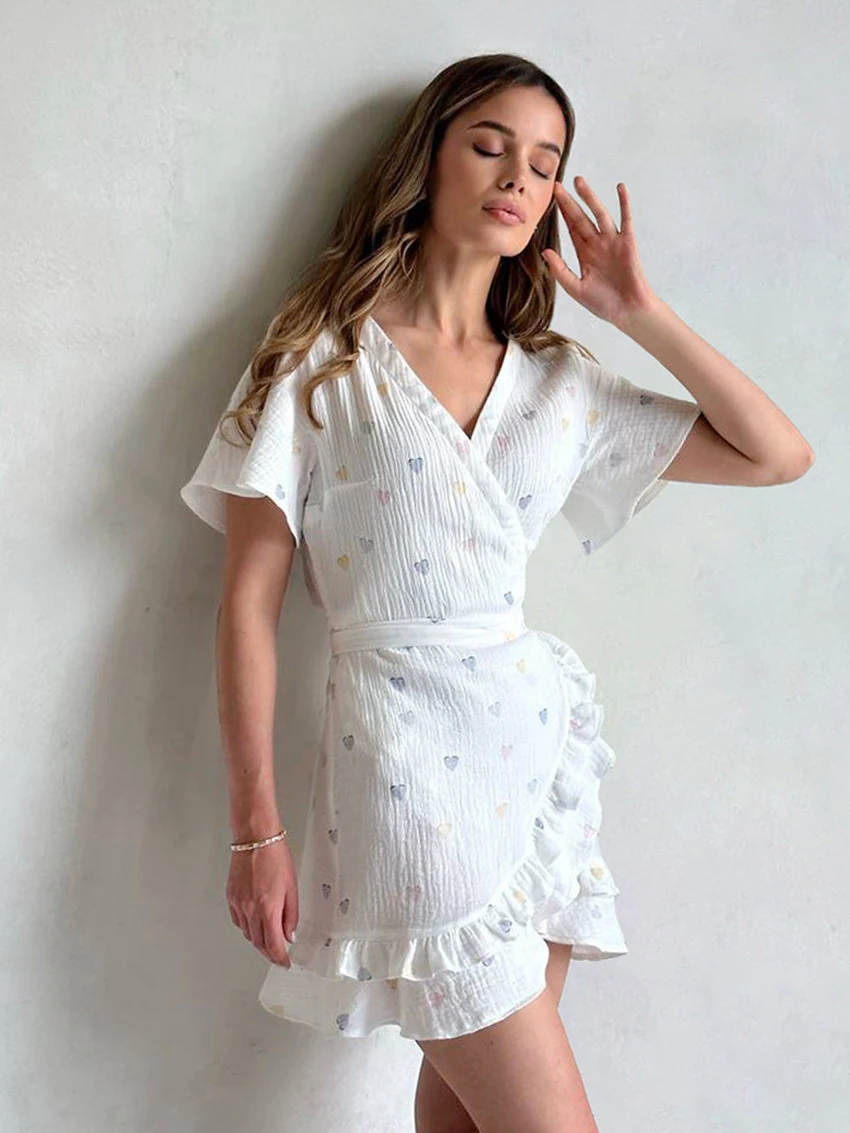 Marthaqiqi Cotton Women'S Pajamas Sexy V-Neck Sleepwear Short Sleeve Nightgowns Printing Mini Dress Casual Home Clothes Ladies