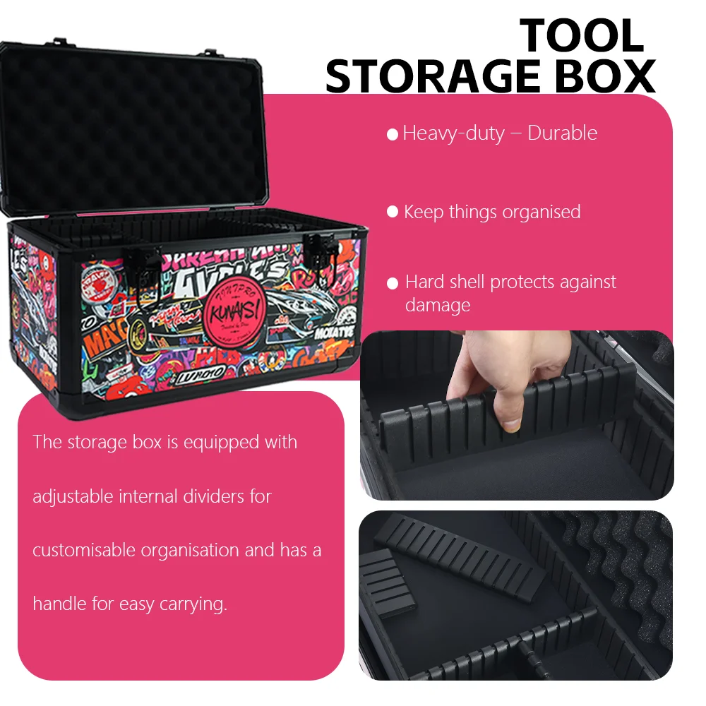 KUNAISI 낙서 대형 알루미늄 합금 도구 상자 내구성 다기능 더블 레이어 조절 가능한 크기 보관 상자 43*23*24.5cm