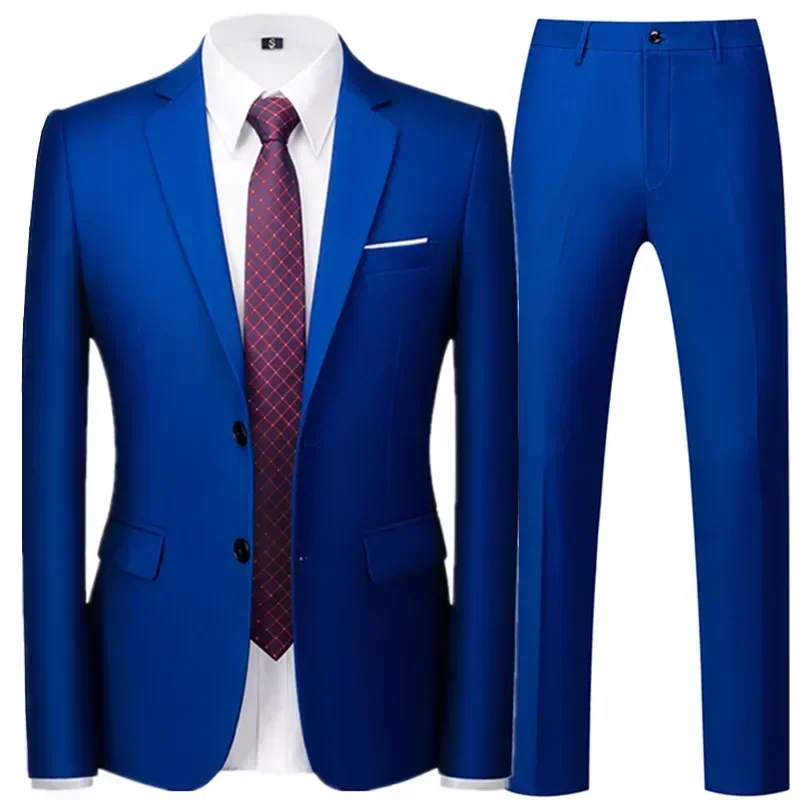 Men's Business Casual Solid Color Suits Male Two Button Blazers Jacker Coat Trousers Pants mens suit