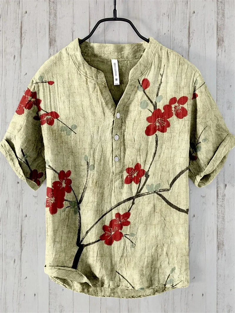 Koi Art Printed Linen Blended V-neck Men's Fashion Shirt 5
