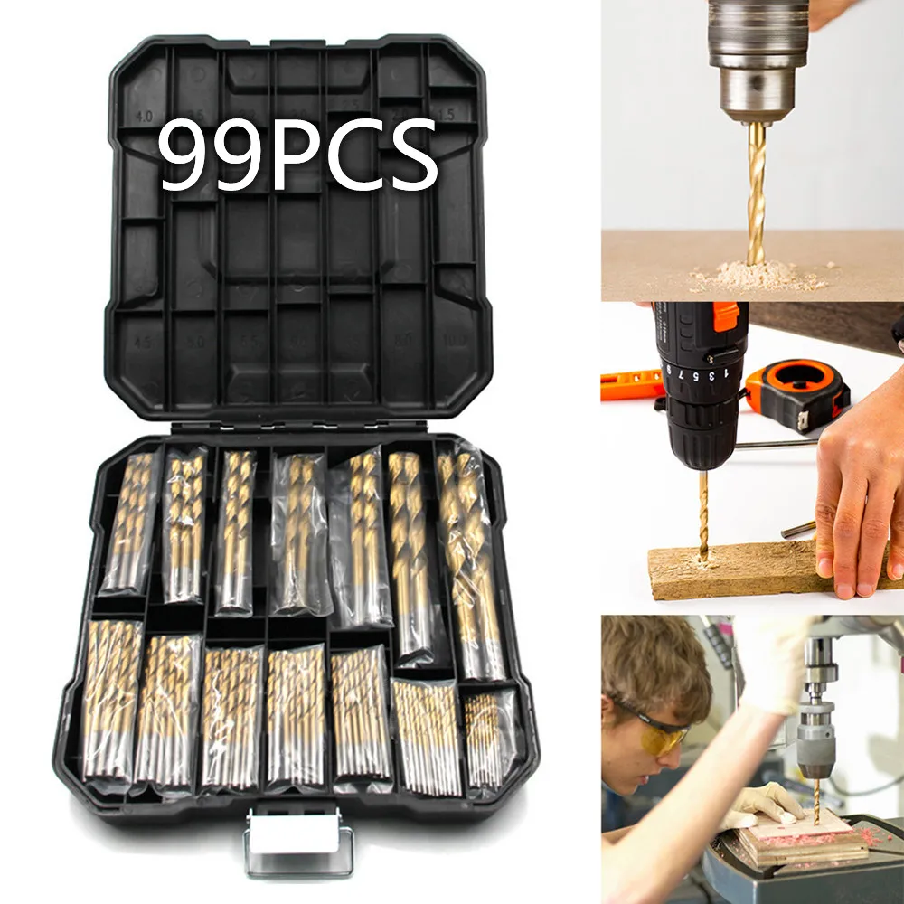 Titanium Drill Bit Set 1.5mm-10mm 99 Pcs for Steel Wood Plastic Metal Copper Aluminum Alloy With Storage Case Drill Bit Set