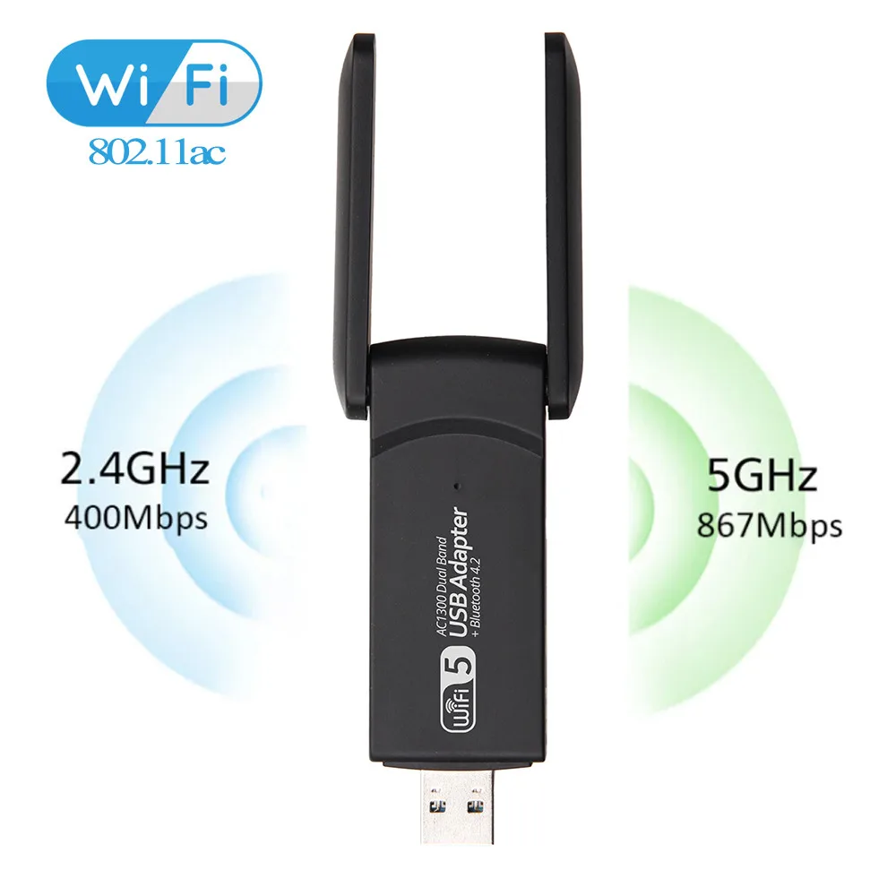 Antena WiFi USB AC1300 - Doble Banda 2,4/5 GHz, Velocidad Hasta 1300 Mbps, 2 Antenas 5dBi, USB 3.0, Compatible Con Windows Y MacOS