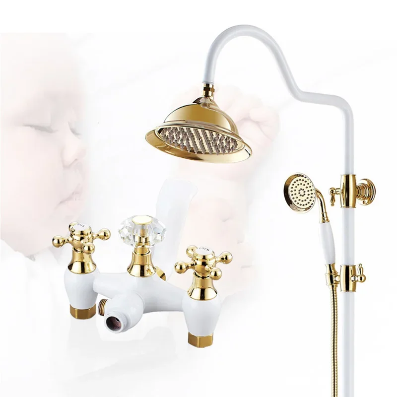 

Набор смесителей для душа, латунный настенный кран белого и золотого цвета, с дождевой насадкой, роскошный ручной круглый