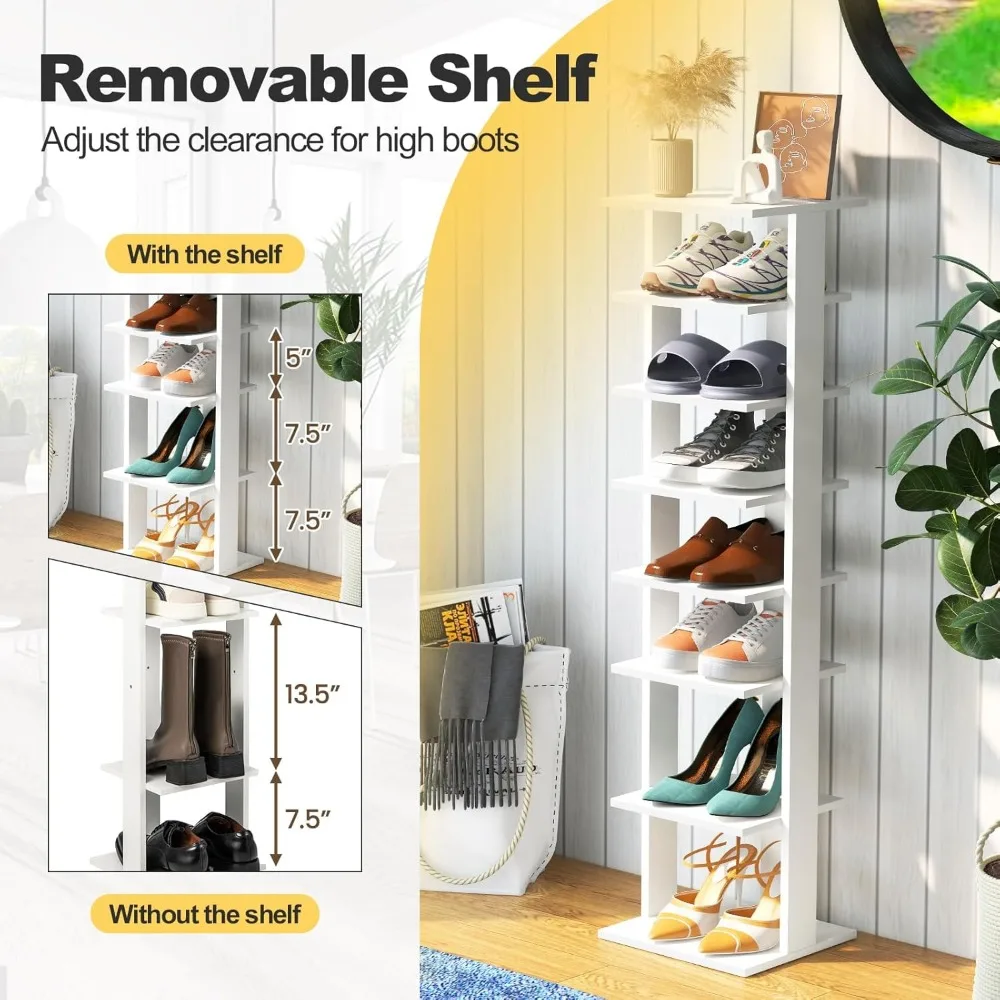 8 Tiers Vertical Shoe Rack, Patented Space Saving Corner Shoe Rack for 7 Pairs, Narrow Rack for Front Door Entryway
