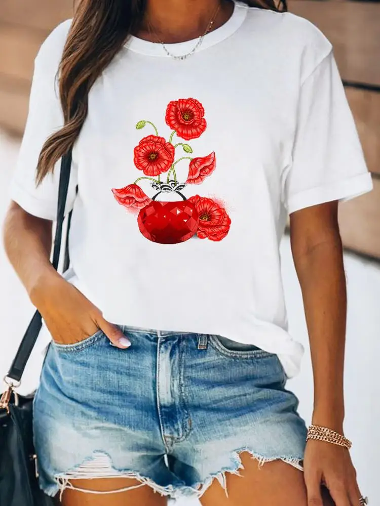 Women Spring Fashion Summer Female Tee Shirt Print Clothes Lady Short Sleeve Flower Lovely Floral Trend 90s Graphic T-shirt