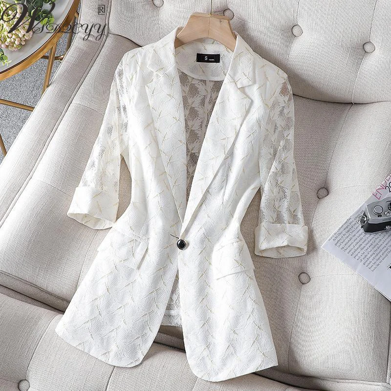 

Women Casual Lace Hollow Out Blazer Coat 2023 Spring Summer Thin Cropped Suit Jacket Office Lady Single Button Outwear Plus Size