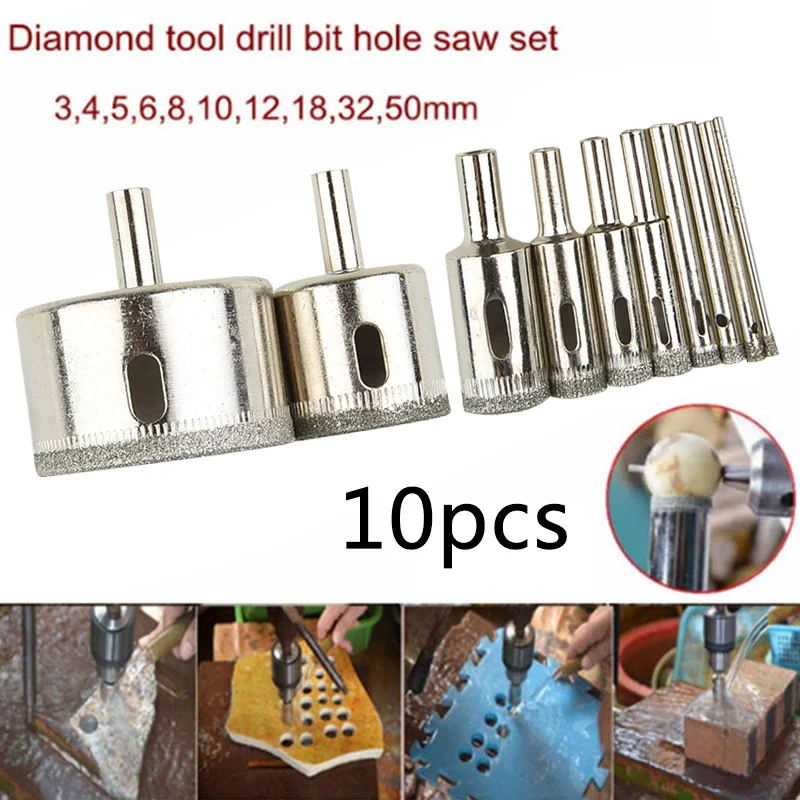 

10pcs Diamond Hole Openers Glass Ceramics Marble Hole Opener Cutter Drill Bit 3mm 4mm 5mm 6mm 8mm 10mm 12mm 18mm 32mm 50mm