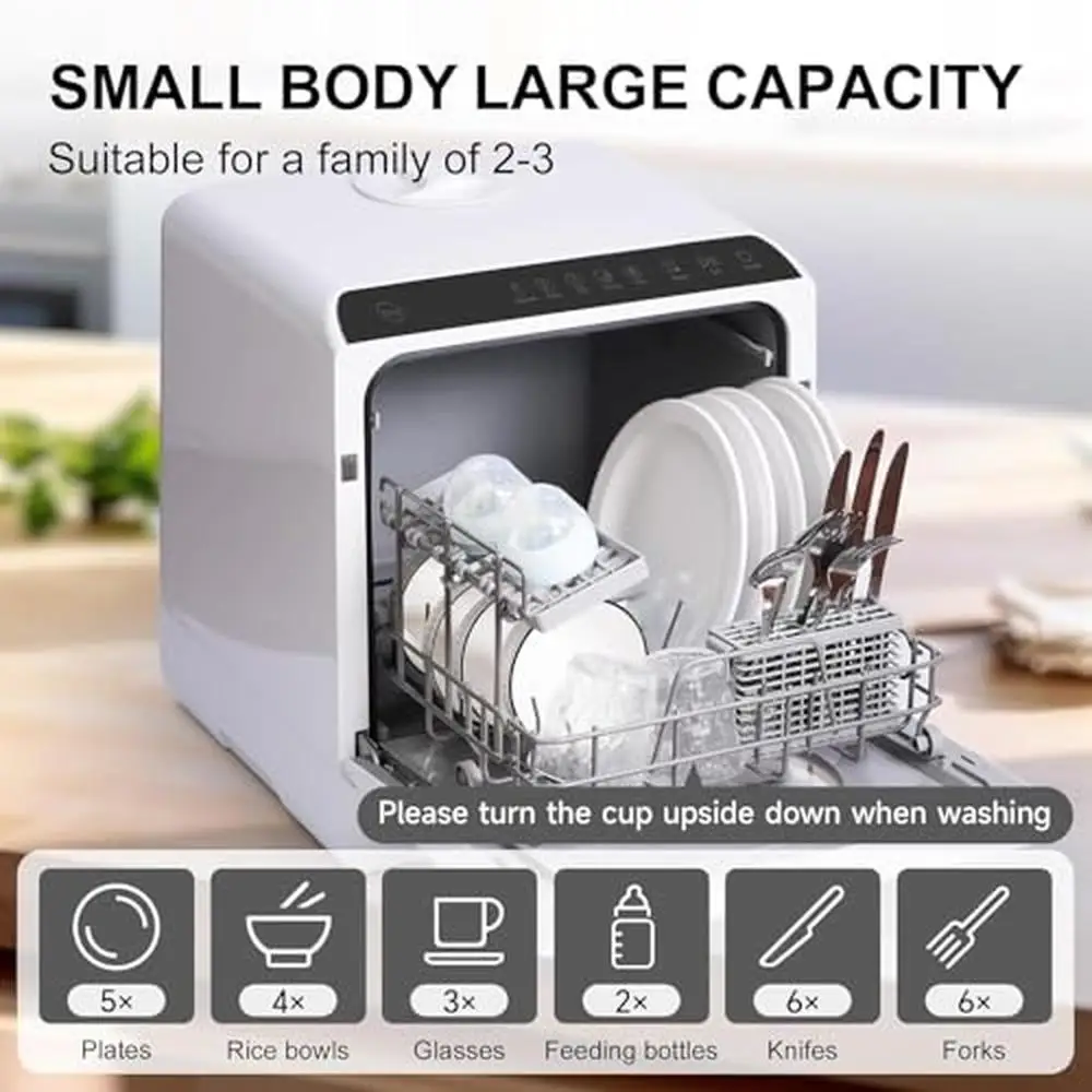 Portable Compact Dishwasher with 5 Washing Modes LED Touch Panel Control and Dual Spray Arms Water Tank Included 6