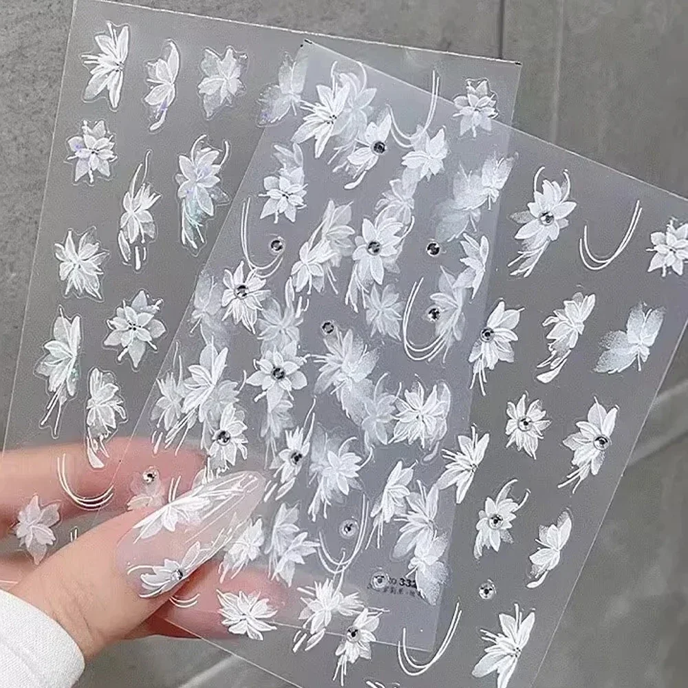 1 Sheet 5D Flowers Nail Stickers Embossed Decals Simple Acrylic Carve White Petal French Nail Art DIY Manicure Decoration 2