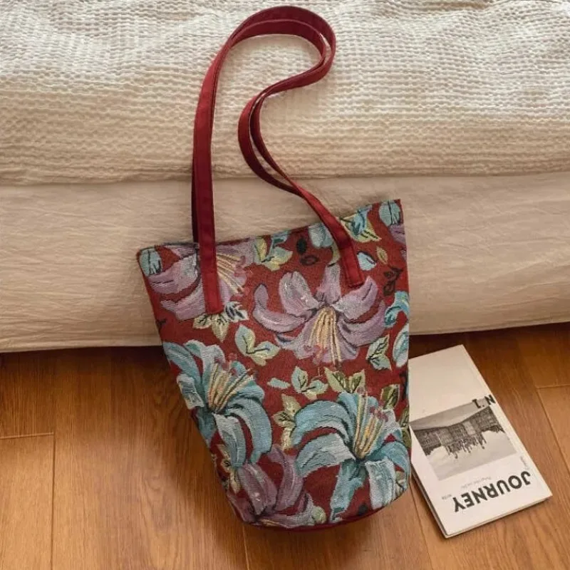 Women's Vintage Bucket Tote Bags Large Capacity Premium Commuter Shoulder Bag Floral Printed Handbag  with Small Zipper Pouch