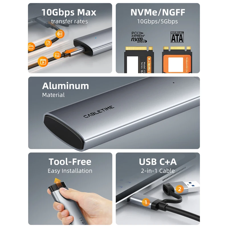 케이블타임 USB C NVMe PCIe SSD 인클로저 Gen2 10Gbps M.2 to USB-C 어댑터 박스 (NVME PCIE NGFF SATA 디스크 M2 SSD 인클로저용)