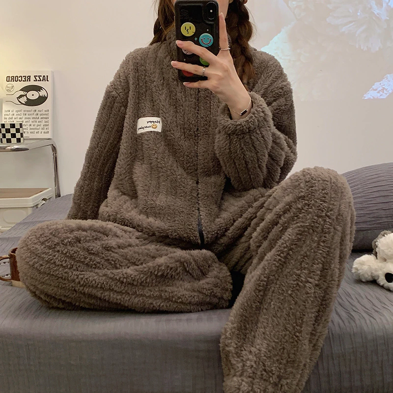 Herren Schlafanzug Winter - Dicker Korallenfleece Pyjama Mit Reißverschluss