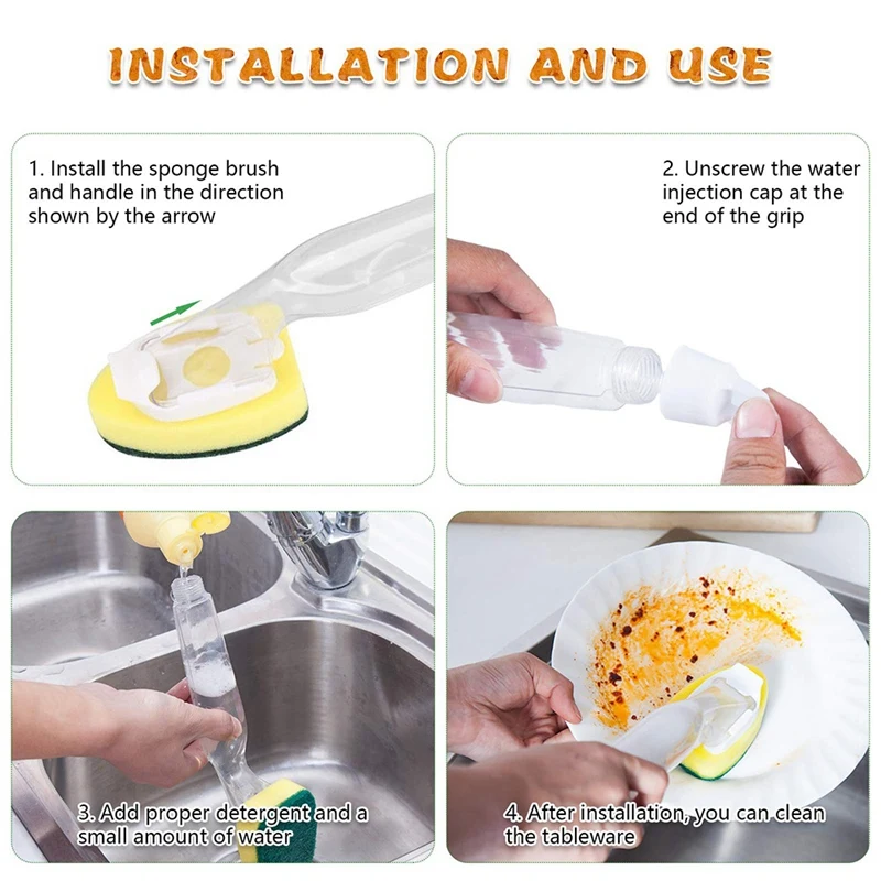 Description Picture 6 of itemSponge Soap Dispensing Dish Cleaning Brush Set With 1 Dish Washing Handle 2 Sponge Replacement Head Kitchen Sink Scrubber Tool