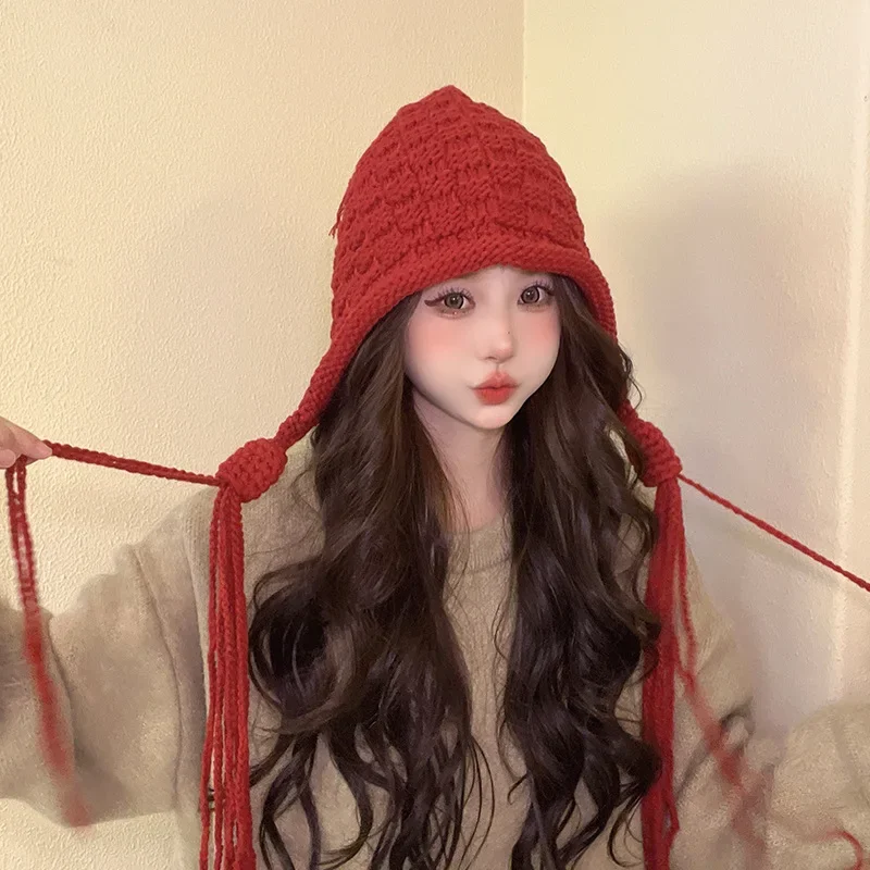 

Solid Color Tassel Knitted Hat Autumn and Winter Warm Woolen Cute Pullover Ear Protection Beanie Hat Woman Bomber Hats