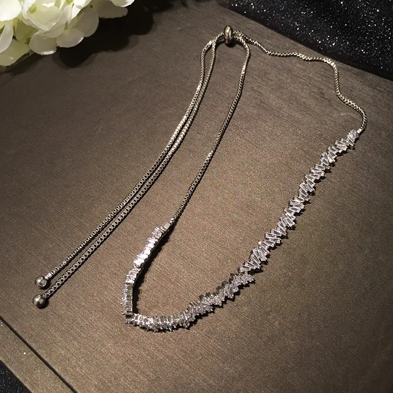 Fashion Brand Jewelry Rose Gold Color Rectangle Zirconia Necklace/Torques For Women Party Gift