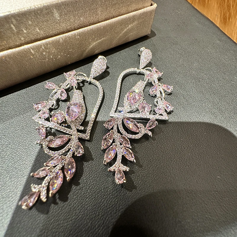 

Vintage luxury white pink water drops zircon bird cages branches flower baroque earrings for women gorgeous jewelry
