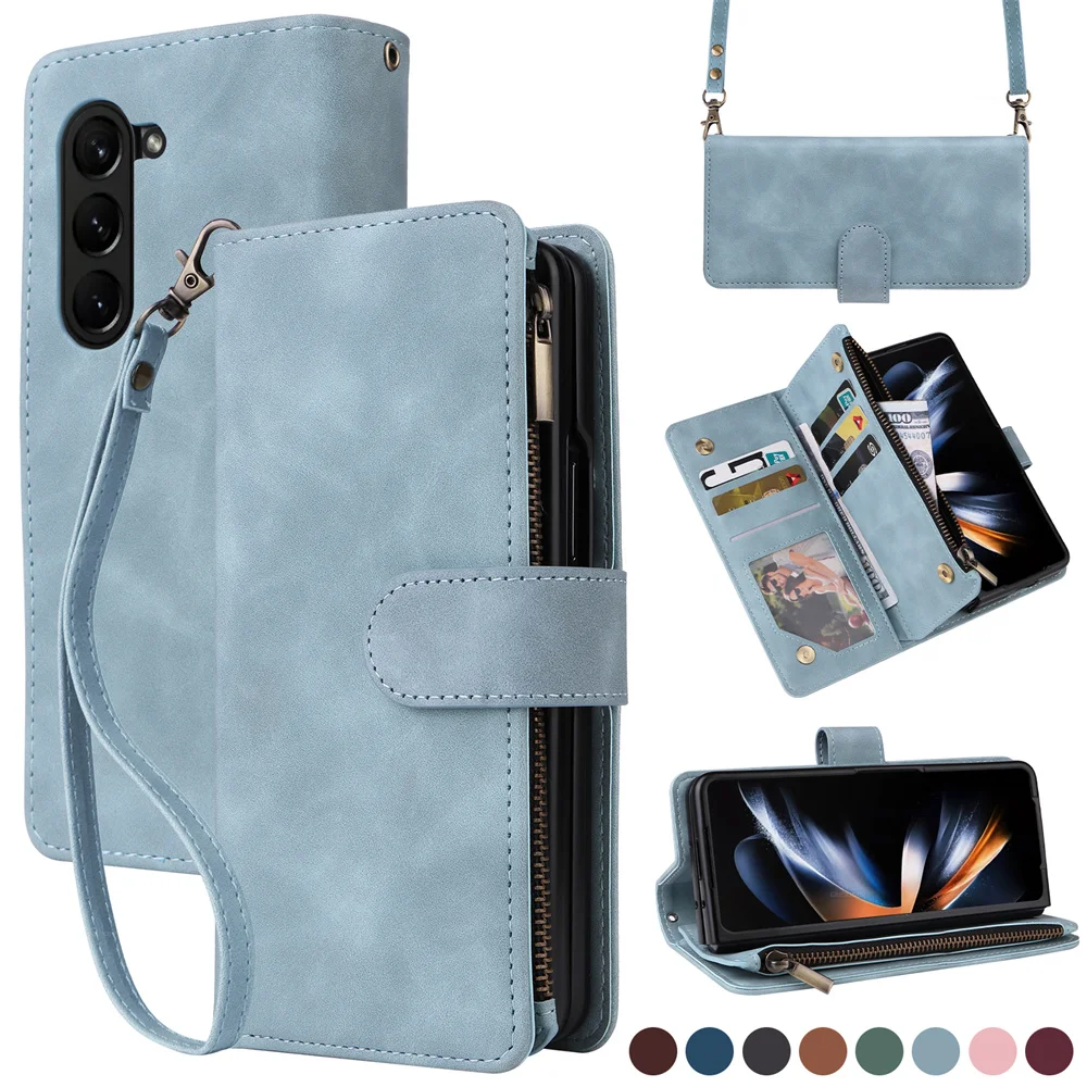 Luxury Crossbody Zipper Purse Wallet Case For Samsung Galaxy Z Fold 5 Multifunctional Magnetic Closure Folding Flip Leather Case