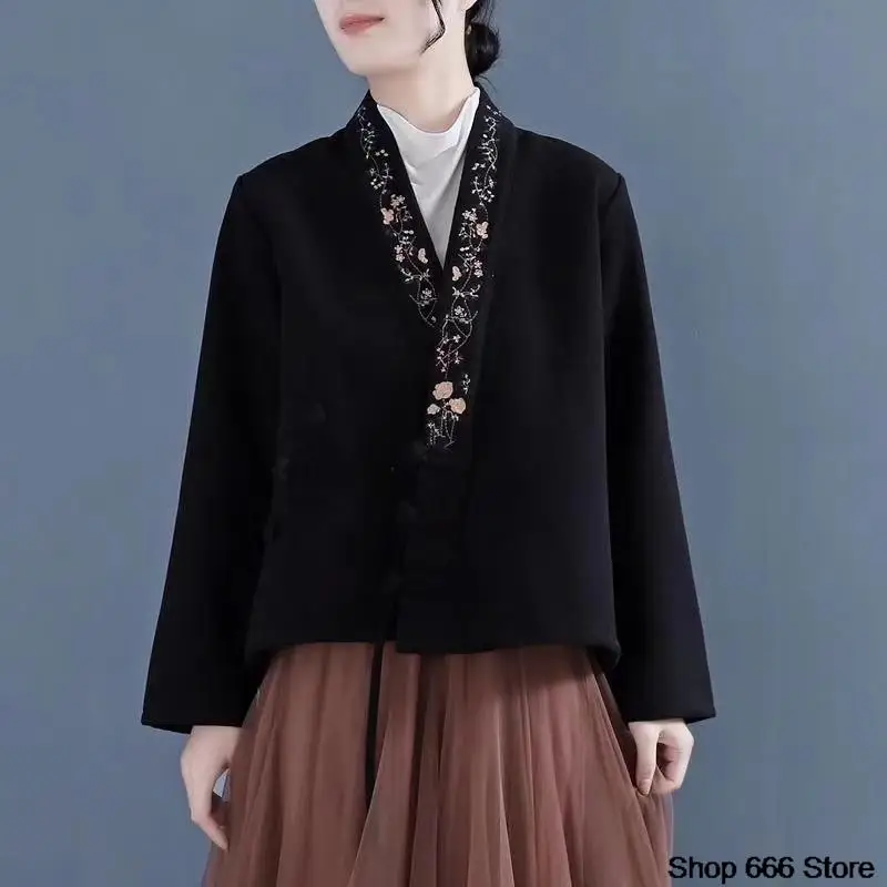 여성용 양면 얇은 양털 가디건, 중국 전통 민족 스타일 자수, 긴팔 상의, 루즈 코트, 가을, 겨울, 신상