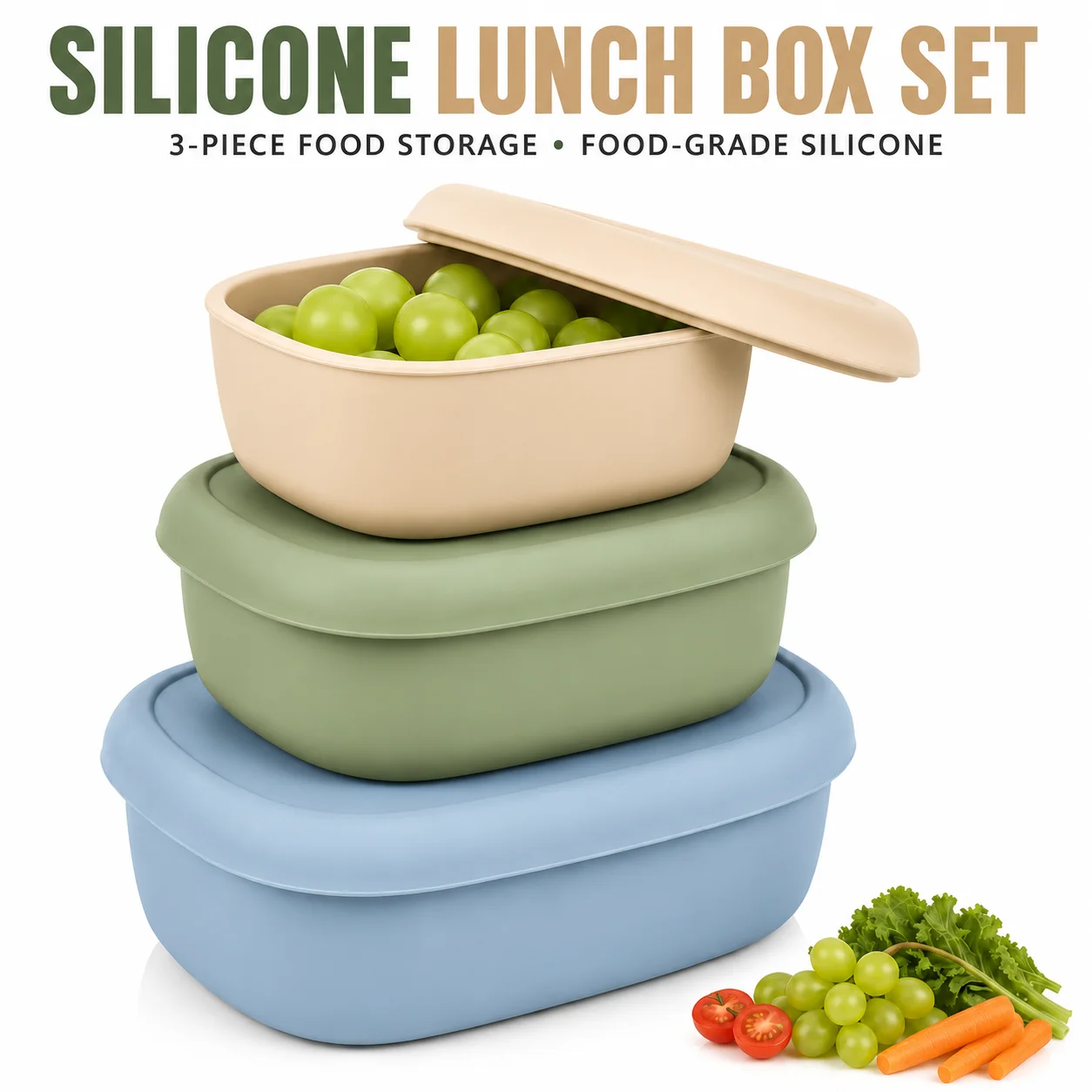 Set of 3 Reusable Silicone Bento Box Containers with Lids - Dishwasher & Microwave Safe for Food Storage and Lunch Prep