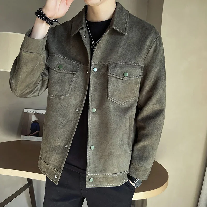 

2023 High Quality Suede Jacket Men Business Casual Outwear Social Streetwear Bomber Lapel Windbreaker Coat Clothing