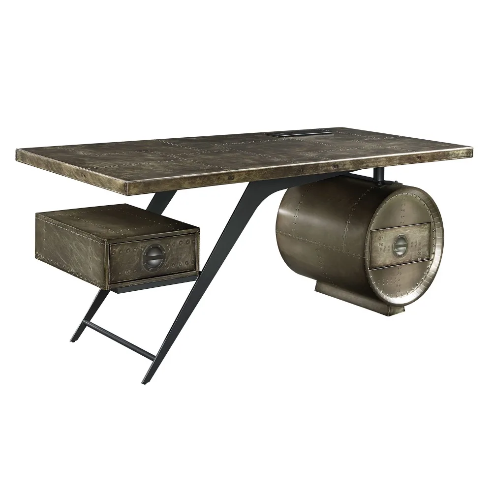 Brancaster Bronze Aluminum & Oak Finish Writing Desk with USB Port, Two USB-A Ports, and Two Standard Plugs,Computer Desks 6
