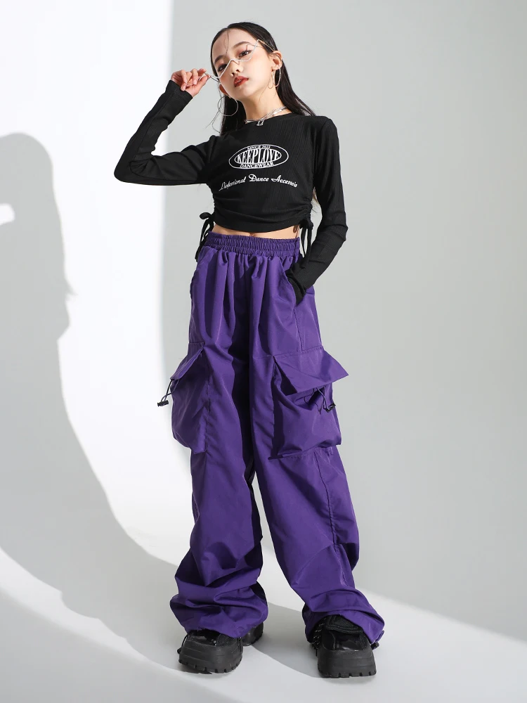 

Одежда для девочек в стиле K-POP, костюм в стиле хип-хоп, кроп-топ для джазовых танцев, фиолетовые брюки, свободная одежда для современных танцев и представлений BL12281