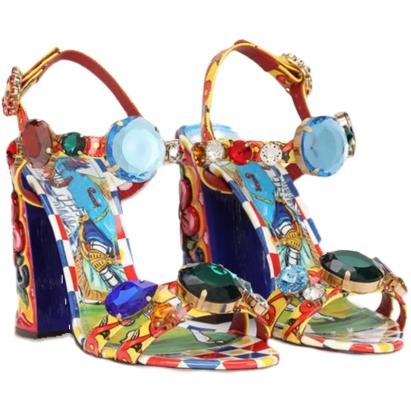 

Bohemia Style Exotic building Printing Gem Sandals Big Blue Rhinestone Ankle Strap Chunky Heels Crystal Women Wedding Shoes