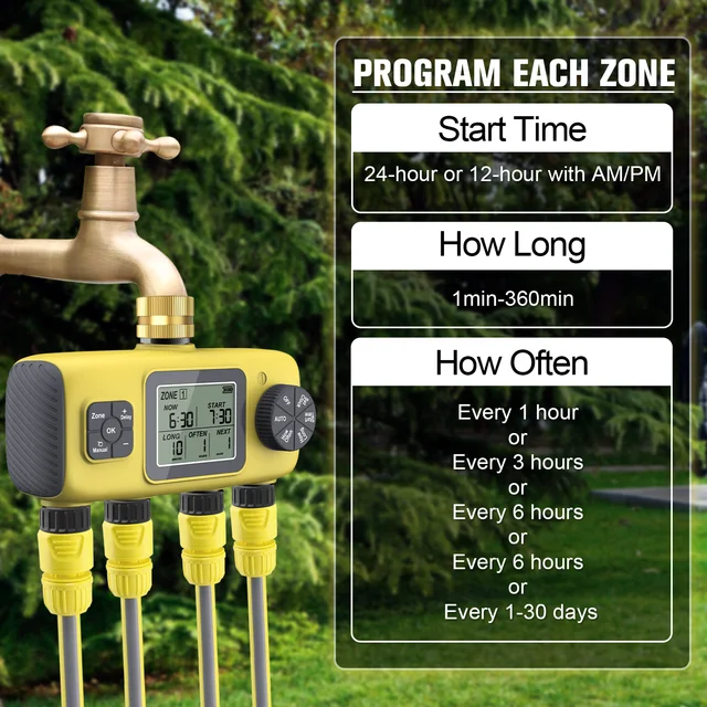 Haozee Smart Water Timer Intelligent 4-Outlet Irrigation Watering System Sprinkler Timer Garden Programmer IPX7 LCD Display 4