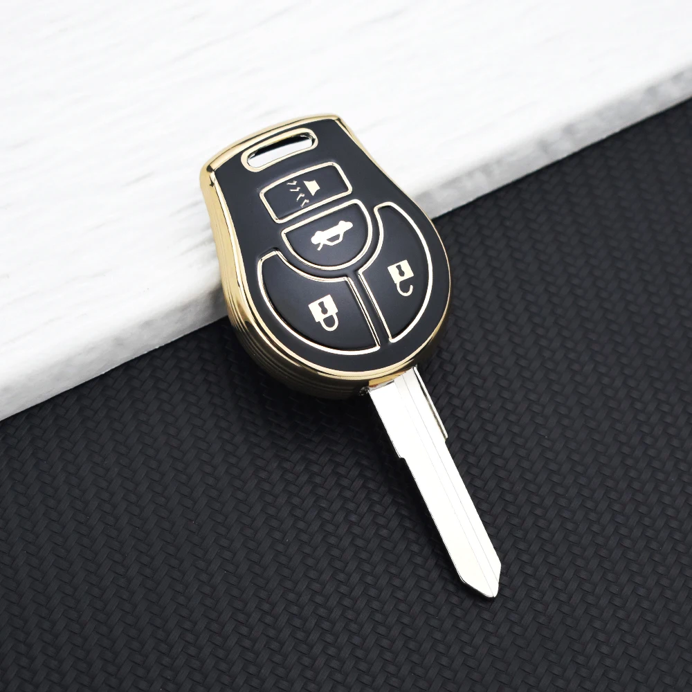 Luxury Leather Car Key Holder with Keychain - Four-Button Protection