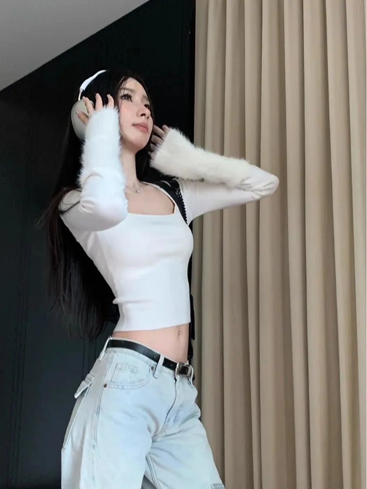 

Square neck white knit sweater inner female fall and winter Slim short section sweater long-sleeved winter bottoming shirt wool