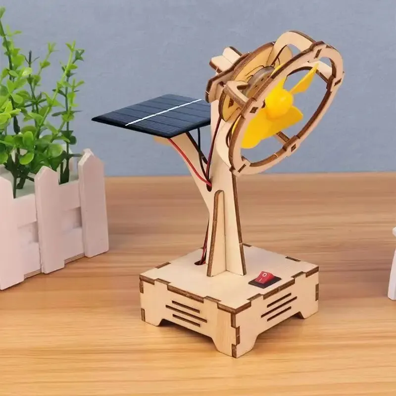 Children DIY Solar Powered Electric Fan Toy Science Educational Physics Motor Circuit Device Kit Wooden Puzzle Sets Toys