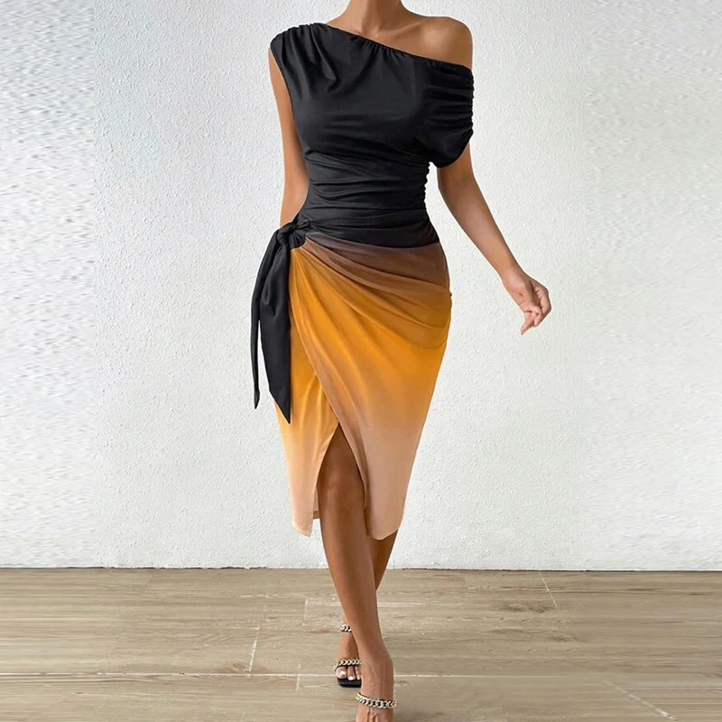 

Autumn New Style Irregular Gradient Off Shoulder High Waist Lacing Bodycon Women's Casual Elegant Mid length Pleated Split Dress