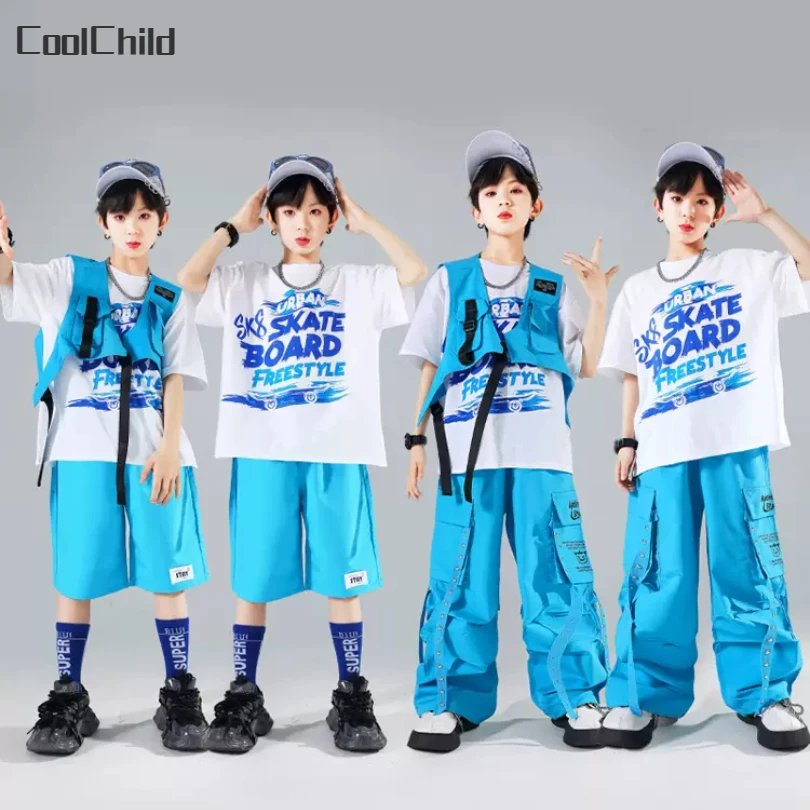 Boys Streetwear Girls Hip Hop Solid Vest T-shirt Cargo Pants Kids Street Dance Shorts Clothes Sets Children Jazz Cool Costumes kids streetwear sets